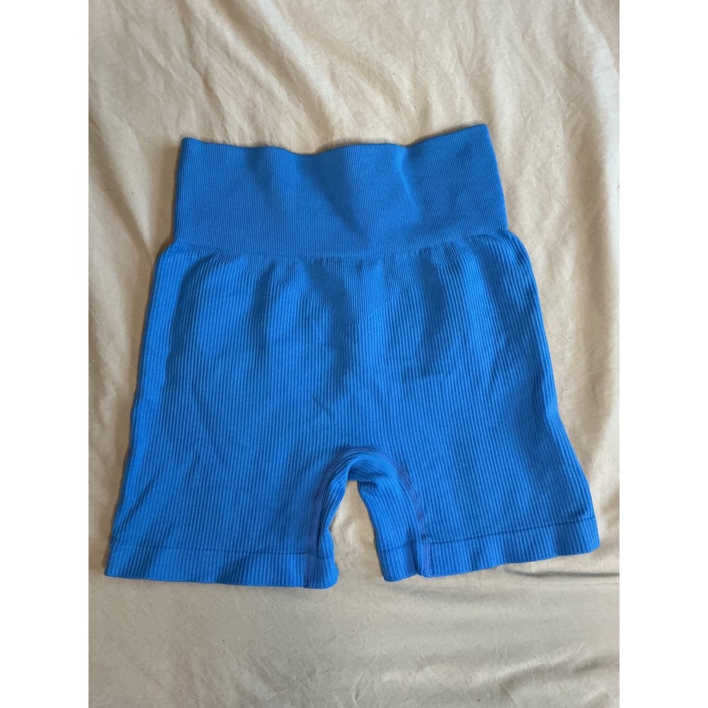 Blue Ribbed Seamless High Waisted Biker Shorts Women Medium Athletic Gym Yoga